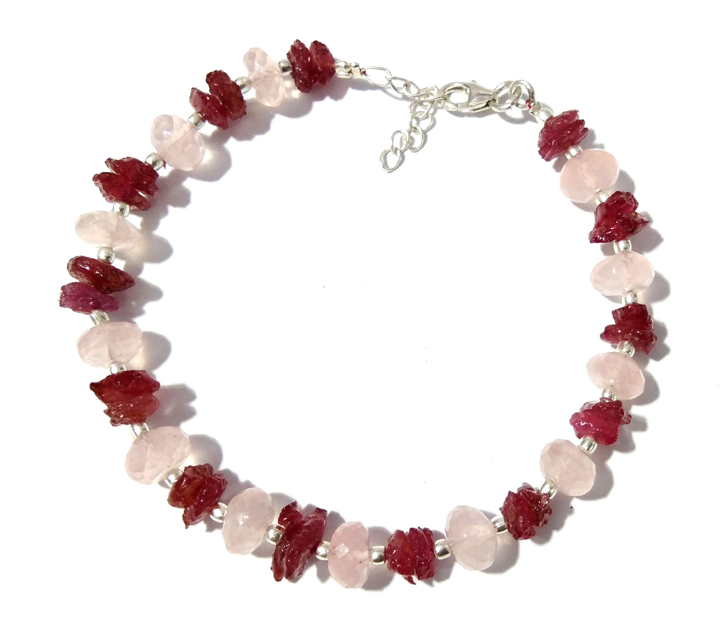 Natural Gemstone Ruby & Rose Quartz Bracelet, Healing Crystal Stone Beaded Bracelet, Bridesmaid Gift, Friendship Bracelet 925 Silver Jewelry